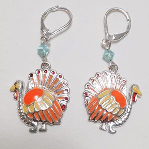 QVC Enameled Turkey Dangle Earrings Thanksgiving Silvertone